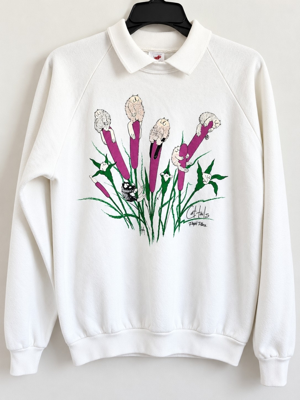 Jerzees Vintage White Petal Pets "Cat-Tails" Fleece Pullover Sweatshirt Size L